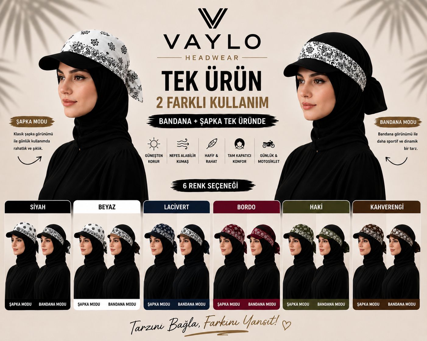VAYLO® Bandana Şapka | Tek Ürün, 2 Farklı Kullanım